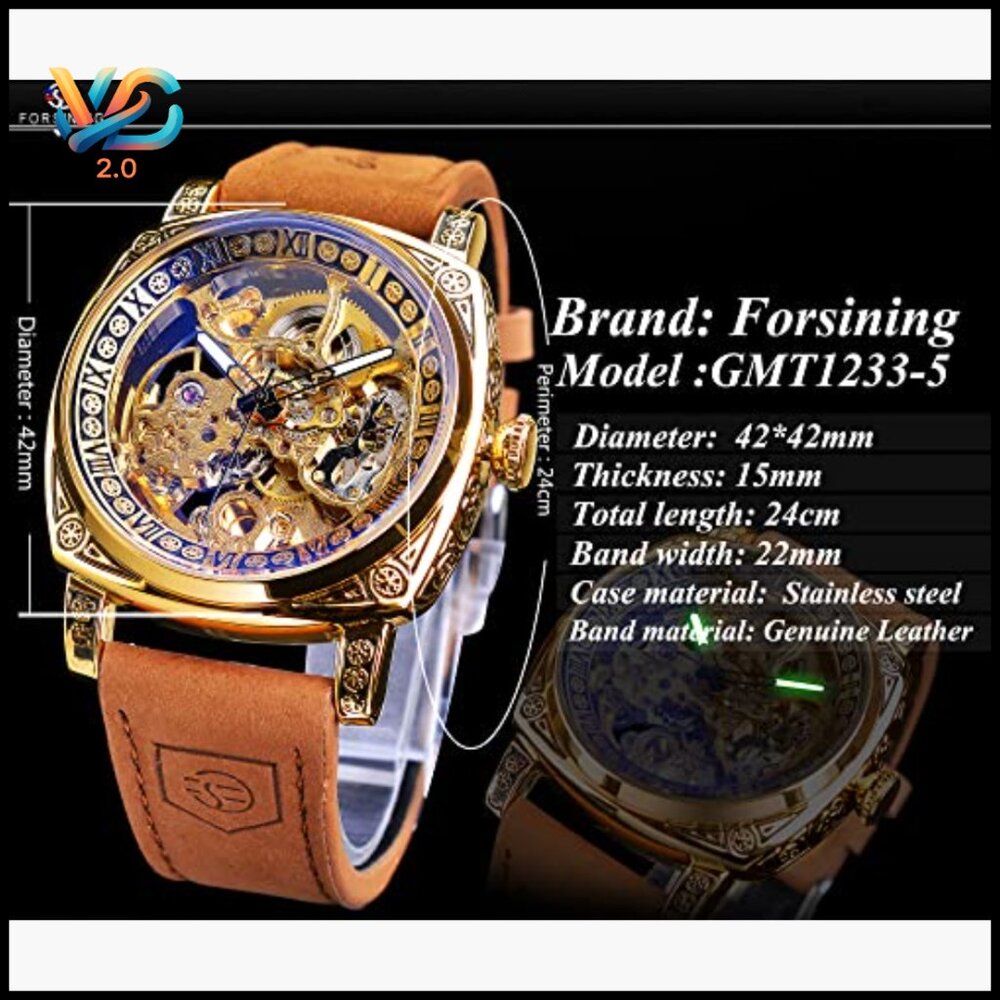 Men's Square Skeleton Automatic Watch, Genuine Le… - image 4